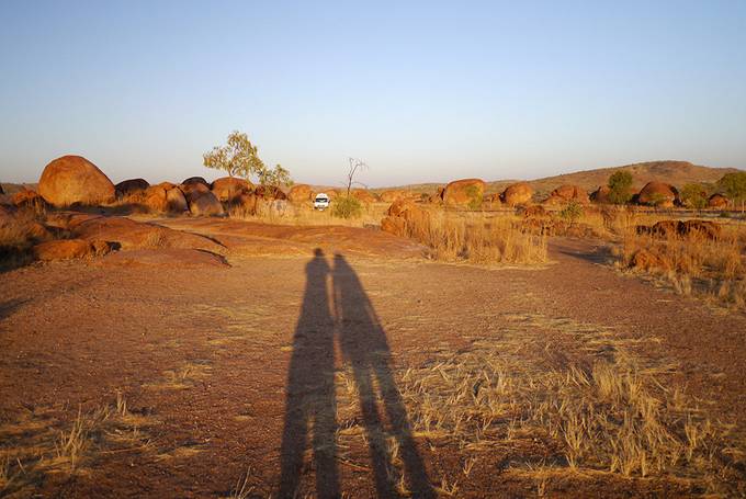 Our shadows at the Devils Marbles