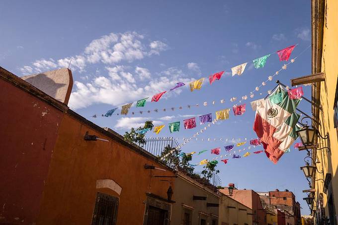 Mexican flags blowing in the wind
